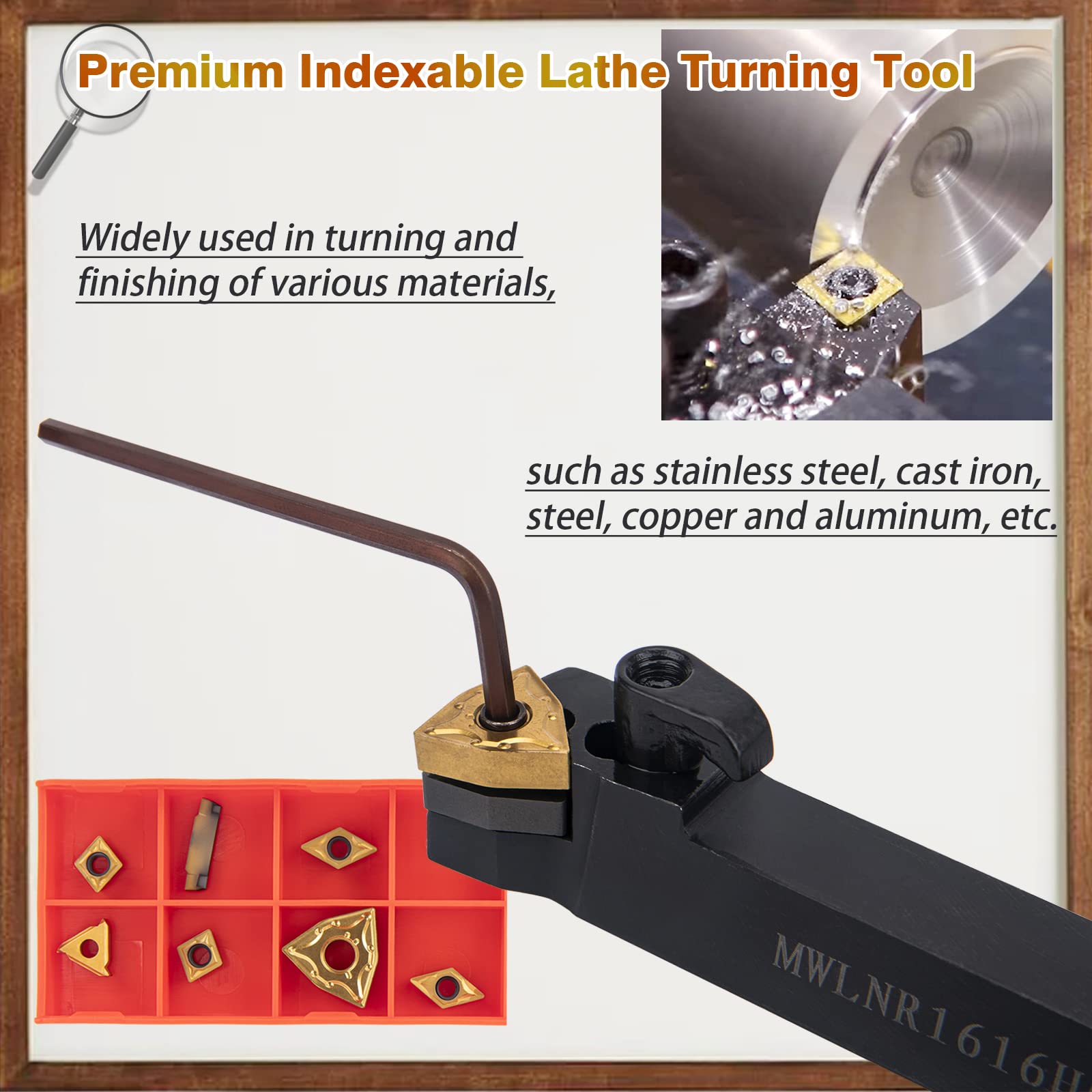 Indexable Lathe Turning Tool, 1/2'' Shank Metal Lathe Tools, 7pcs Metal Lathe Cutting Tools Carbide Turning Tool Insert Holder Set Lathe Boring Bar Set for Turning Grooving Threading with Wrenches