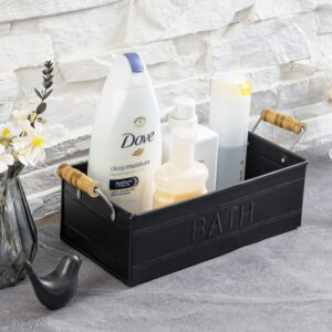 MyGift Matte Black Metal Bathroom Storage Basket with Wood Handles - Rectangular Bath Toiletries Holder and Organizer Bin with Embossed Bath Label - Handcrafted in India