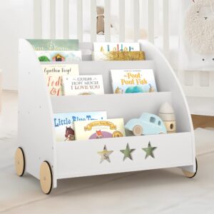 Curipeer Kids Bookshelf and Storage, Nursery Wooden Book Shelf for Kids with Wheels, 3-Tier Baby Bookshelf Display Organizer Gift, Children Bookcase in Playroom, Nursery, Bedroom, White