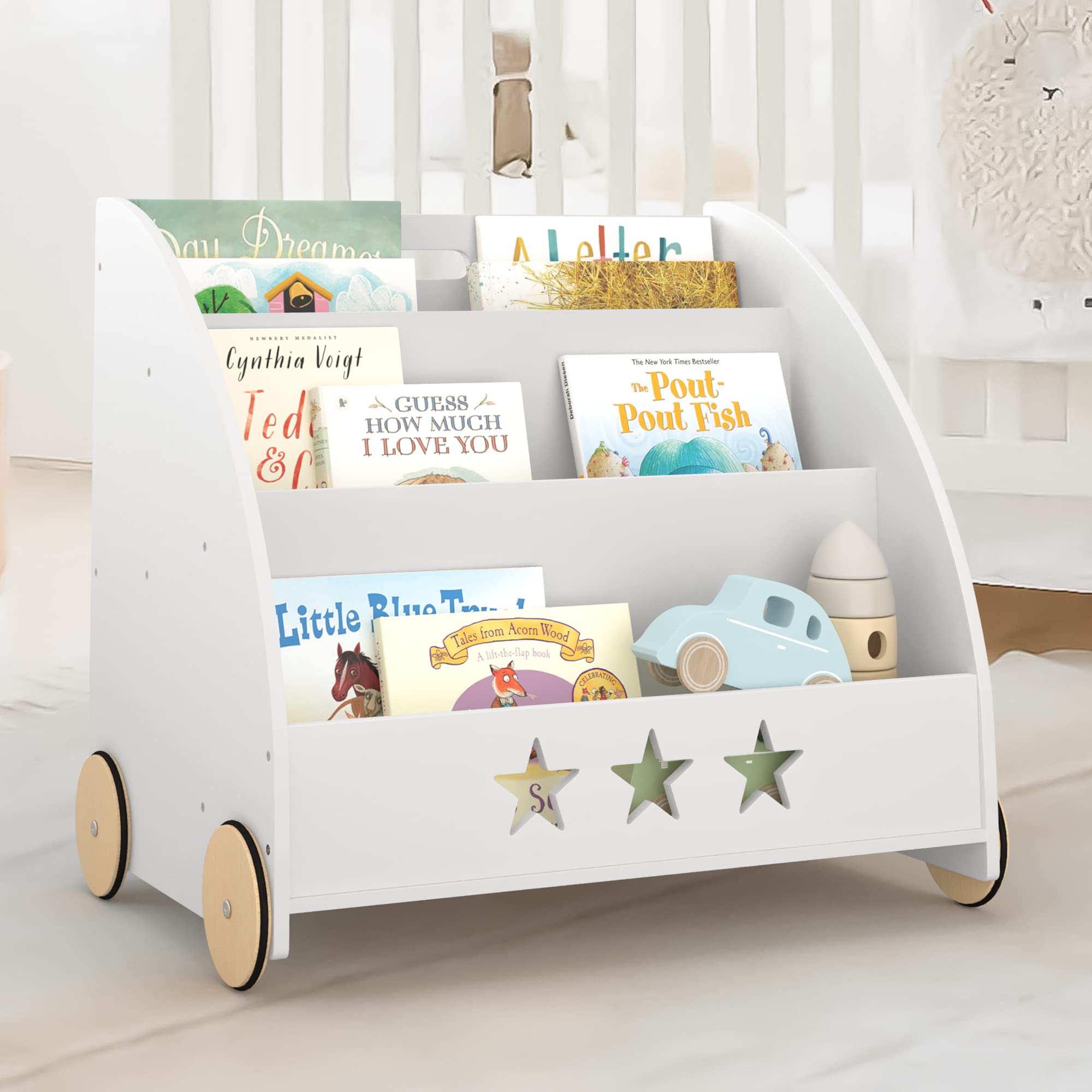 Curipeer Kids Bookshelf and Storage, Nursery Wooden Book Shelf for Kids with Wheels, 3-Tier Baby Bookshelf Display Organizer Gift, Children Bookcase in Playroom, Nursery, Bedroom, White