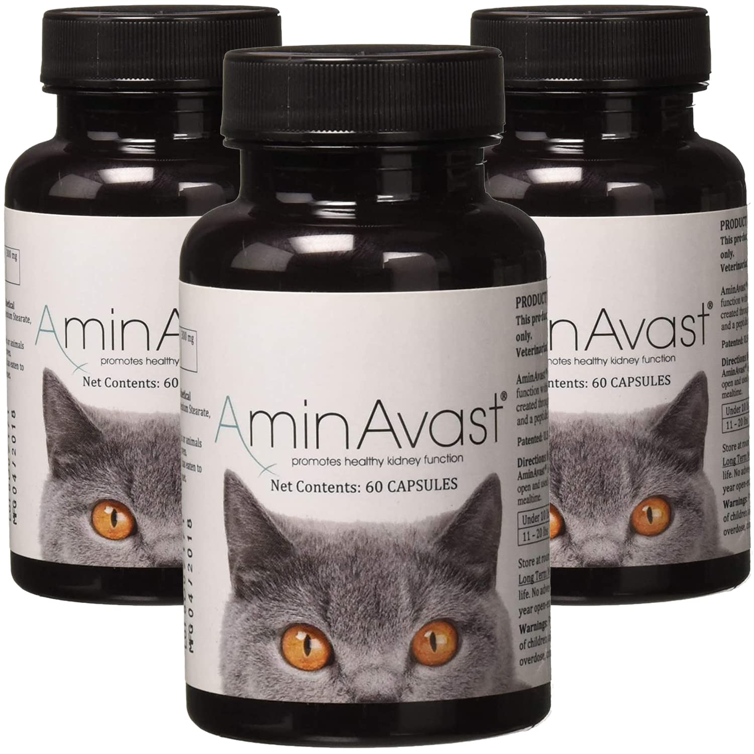 AminAvast Kidney Support Supplement for Cats and Small Dogs, 300mg 3-Pack - Promotes Natural Kidney Function - Aids in Health and Vitality of Aging Kidneys - Easily Administered - 60 Sprinkle Capsules