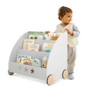 Curipeer Kids Bookshelf and Storage, Nursery Wooden Book Shelf for Kids with Wheels, 3-Tier Baby Bookshelf Display Organizer Gift, Children Bookcase in Playroom, Nursery, Bedroom, White