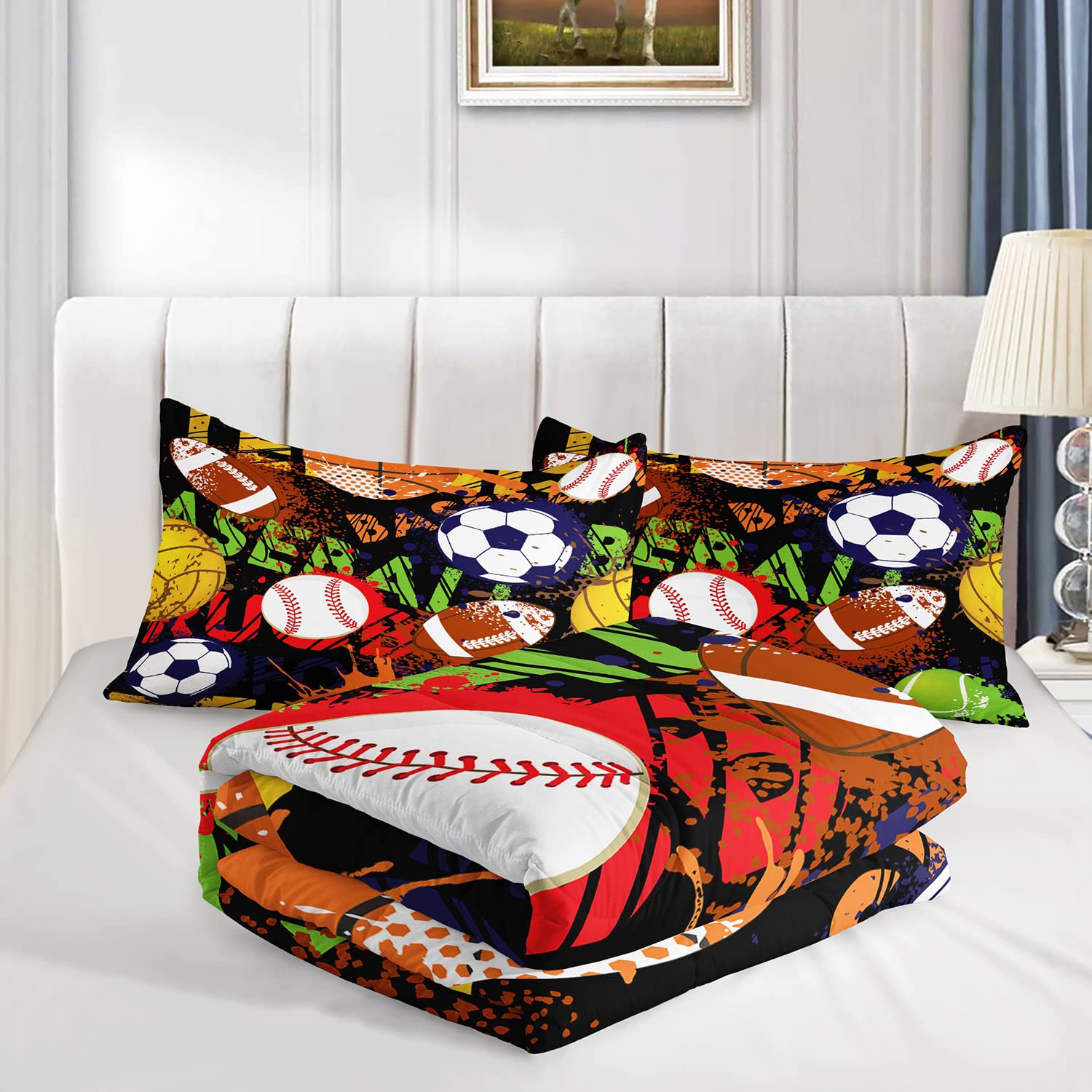 AILONEN Football Comforter Set for Teen Boys, Sport Bed in a Bag Bedding Sets,Basketball Theme Quilted Duvet Twin Size for Boys,1 Comforter 2 Pillowcases 3 Piece