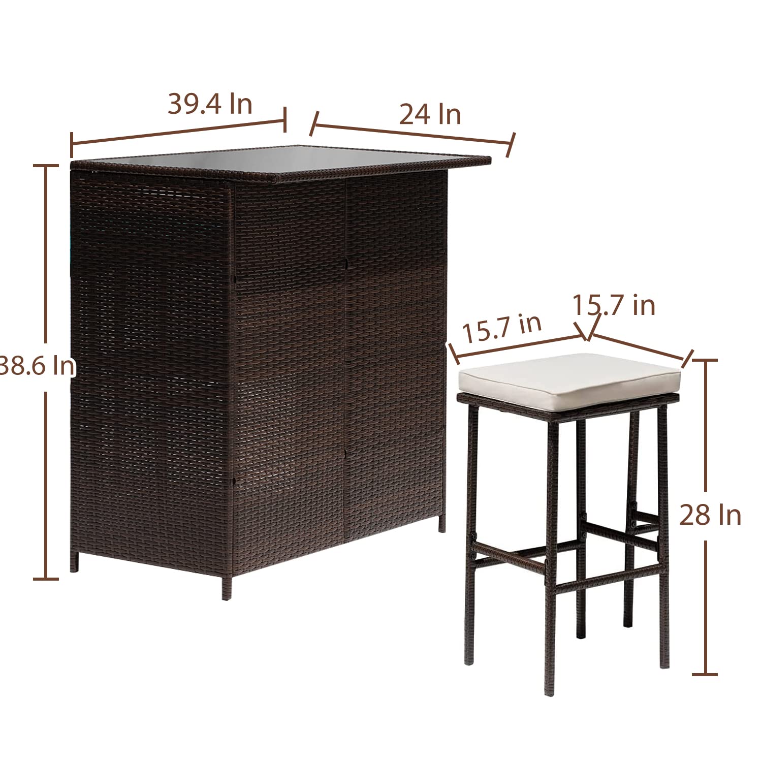 3-Piece Patio Bar Set Outdoor Wicker Bar Set All-Weather Rattan Bar Table Set Outdoor Furniture Set w/2 Stools, Glass Top Table and 2 Thick Cushion for Patios Backyards Porches Gardens Poolside, Khaki