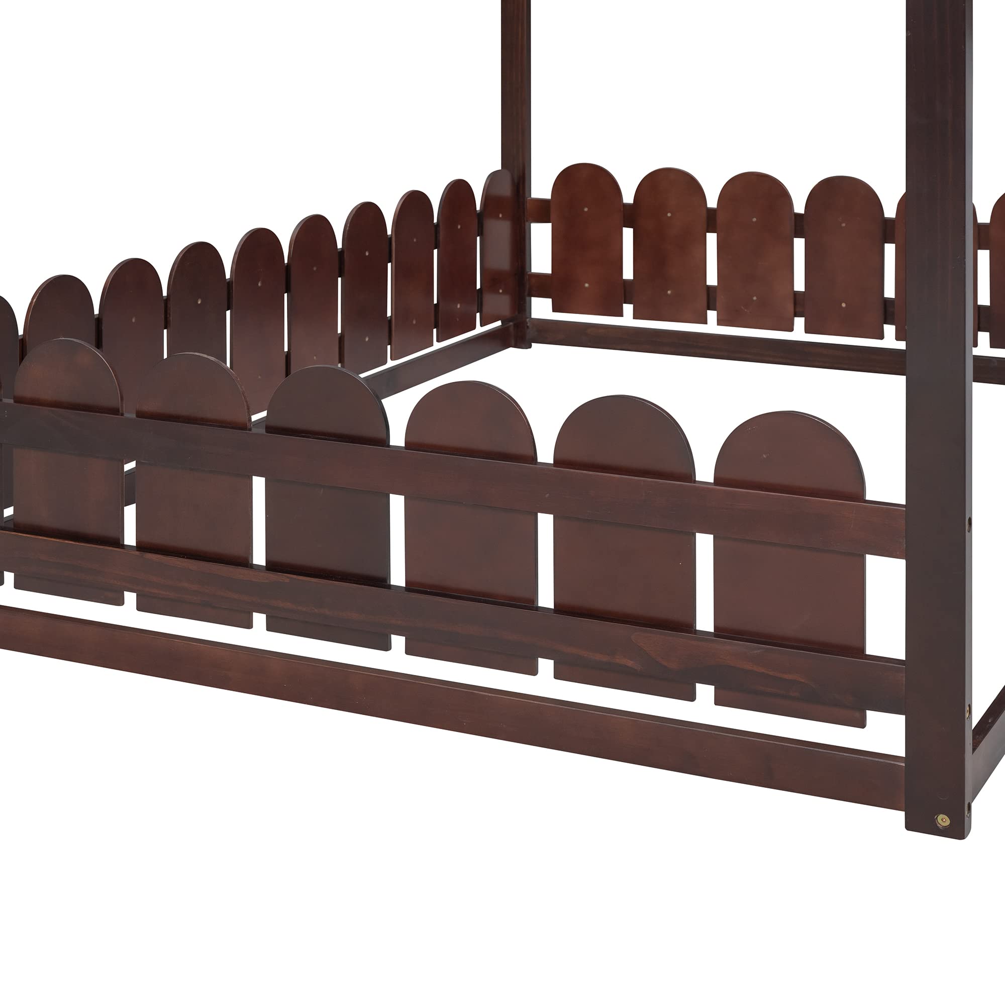 MERITLINE Full Size House Bed with Fence, Wooden Kids Montessori Beds with Roof, Playhouse Bed Frame for Toddlers Girls Boys Teens (Espresso)