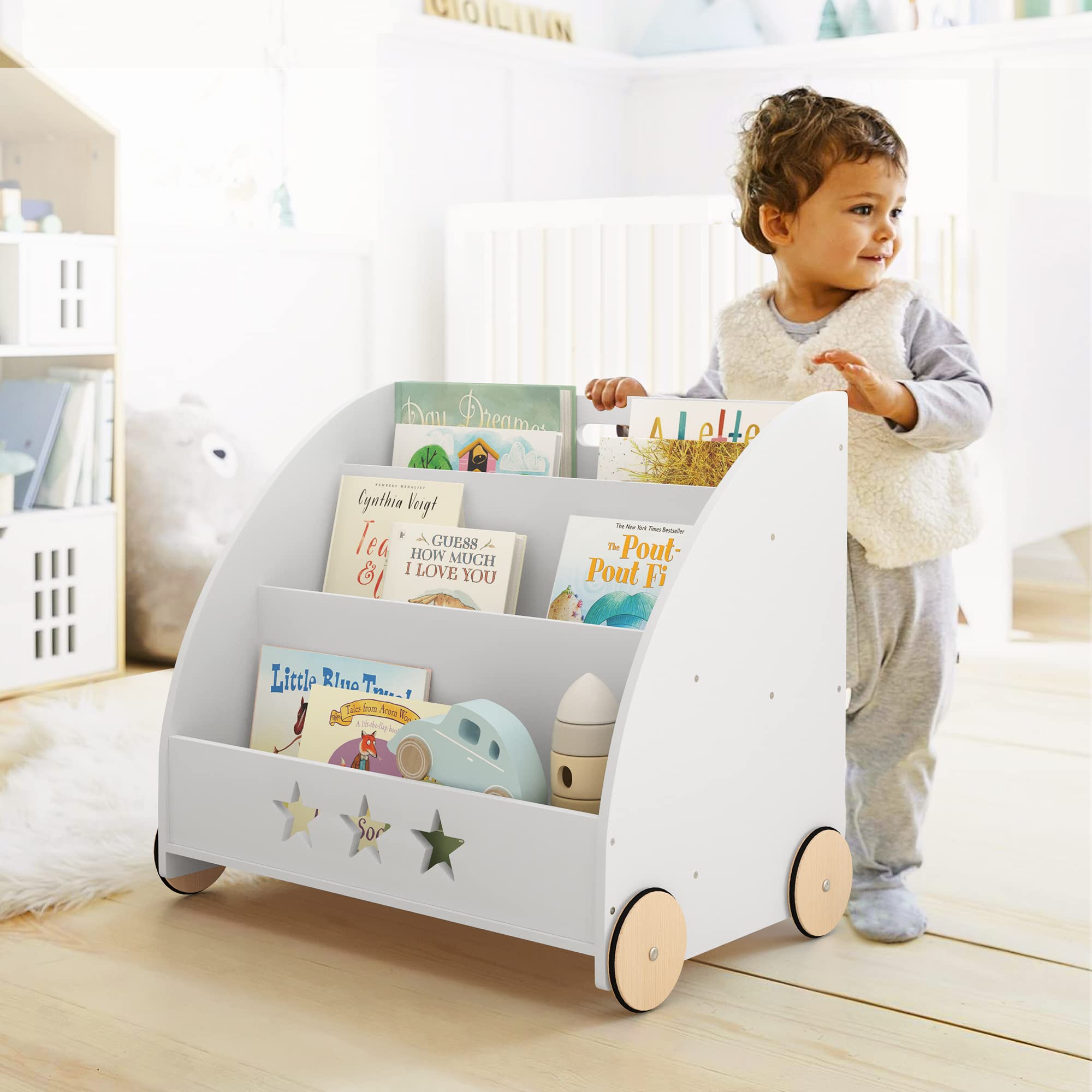 Curipeer Kids Bookshelf and Storage, Nursery Wooden Book Shelf for Kids with Wheels, 3-Tier Baby Bookshelf Display Organizer Gift, Children Bookcase in Playroom, Nursery, Bedroom, White