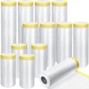 12 Rolls Assorted Plastic Sheeting Pre Taped Masking Film Clear Masking Paper for Automotive Painting Covering Painting Supplies, 3 Multi Sizes x 66 Feet/roll