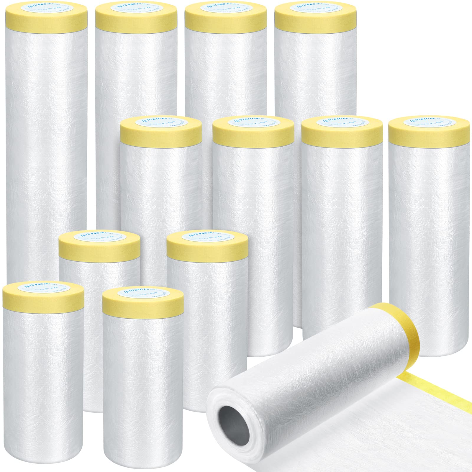 12 Rolls Assorted Plastic Sheeting Pre Taped Masking Film Clear Masking Paper for Automotive Painting Covering Painting Supplies, 3 Multi Sizes x 66 Feet/roll