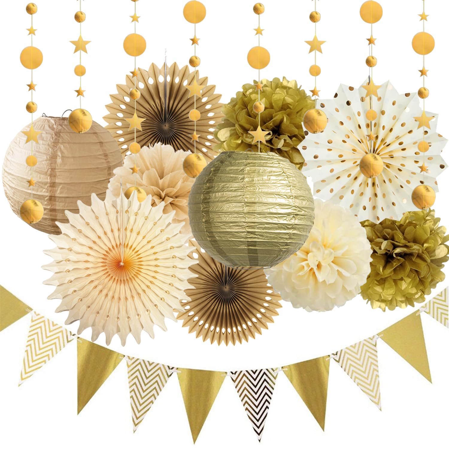 Gold Party Decorations Hanging Paper Fans Paper Lanterns Pom Poms Flower Pennant Banner for Rustic Wedding Neutral Baby Shower Bachelorette Graduation Birthday New Year Party Decoration