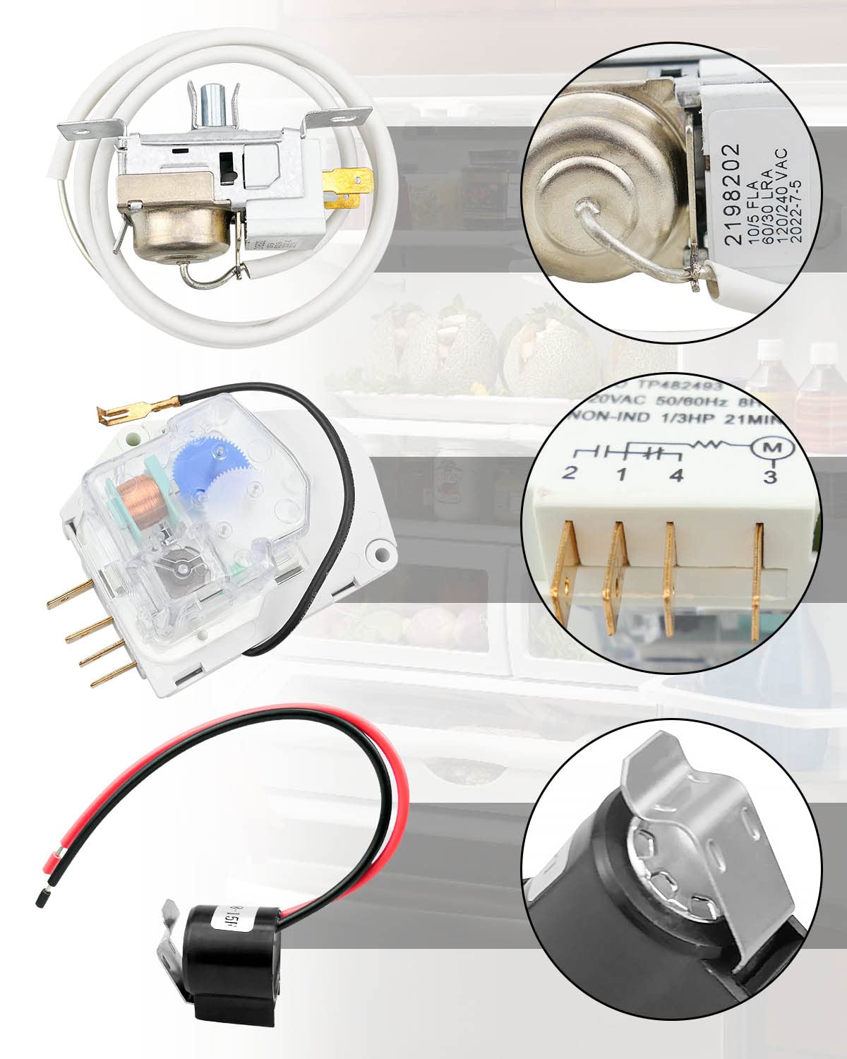 2198202 Cold Control Thermostat W10822278 Defrost Timer W10225581 Bimetal Thermostat Refrigerator Defrost Complete Kit Fit for Whirlpool Kenmore Refrigerators