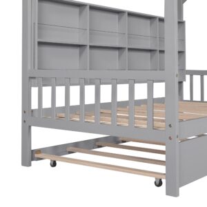 Twin House Bed with Trundle, Kids Twin Platform Bed Frame with Storage Shelves and Roof, Montessori Bed, Tent Bed, Wood Playhouse Bed Twin for Kids Teens Girls & Boys (Twin, Gray)