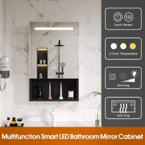 Medicine Cabinet with Lights,LED Medicine Cabinet Black for Bathroom with Defogger,Dimmer, Lighted Mirror Cabinet for Bathroom with Open Shelf, Wall Mount