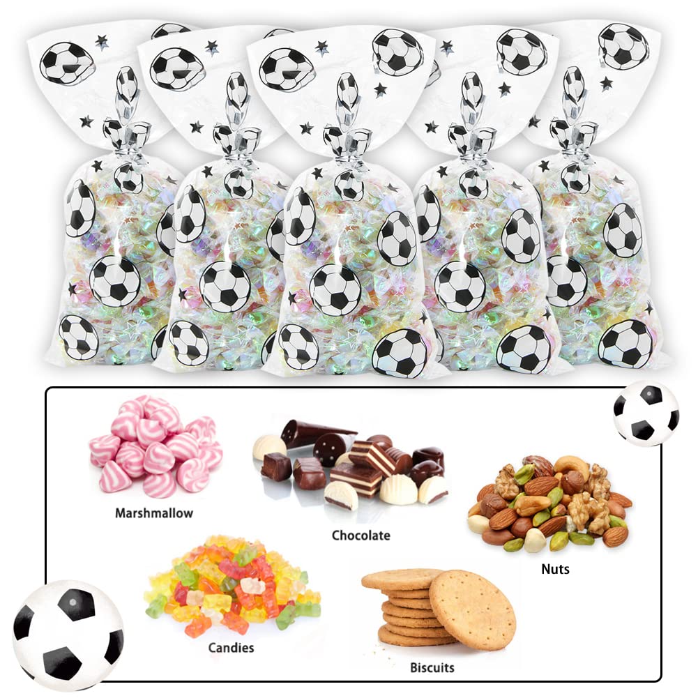 100 Pieces Soccer Goodie Bags, Football Treat Bags Party Favors Clear Candy Cello Bags with Sliver Twist Ties, Football Birthday Party Supplies for Boys Kids Team Gift Snack Bags