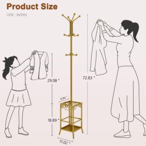 Hoctieon Coat Rack Freestanding, Coat Hanger Stand,Umbrella Holder, Hall Tree With 12 Hooks, Standing Coat Rack,Floor Standing Metal Umbrella Tree Stand, Gold