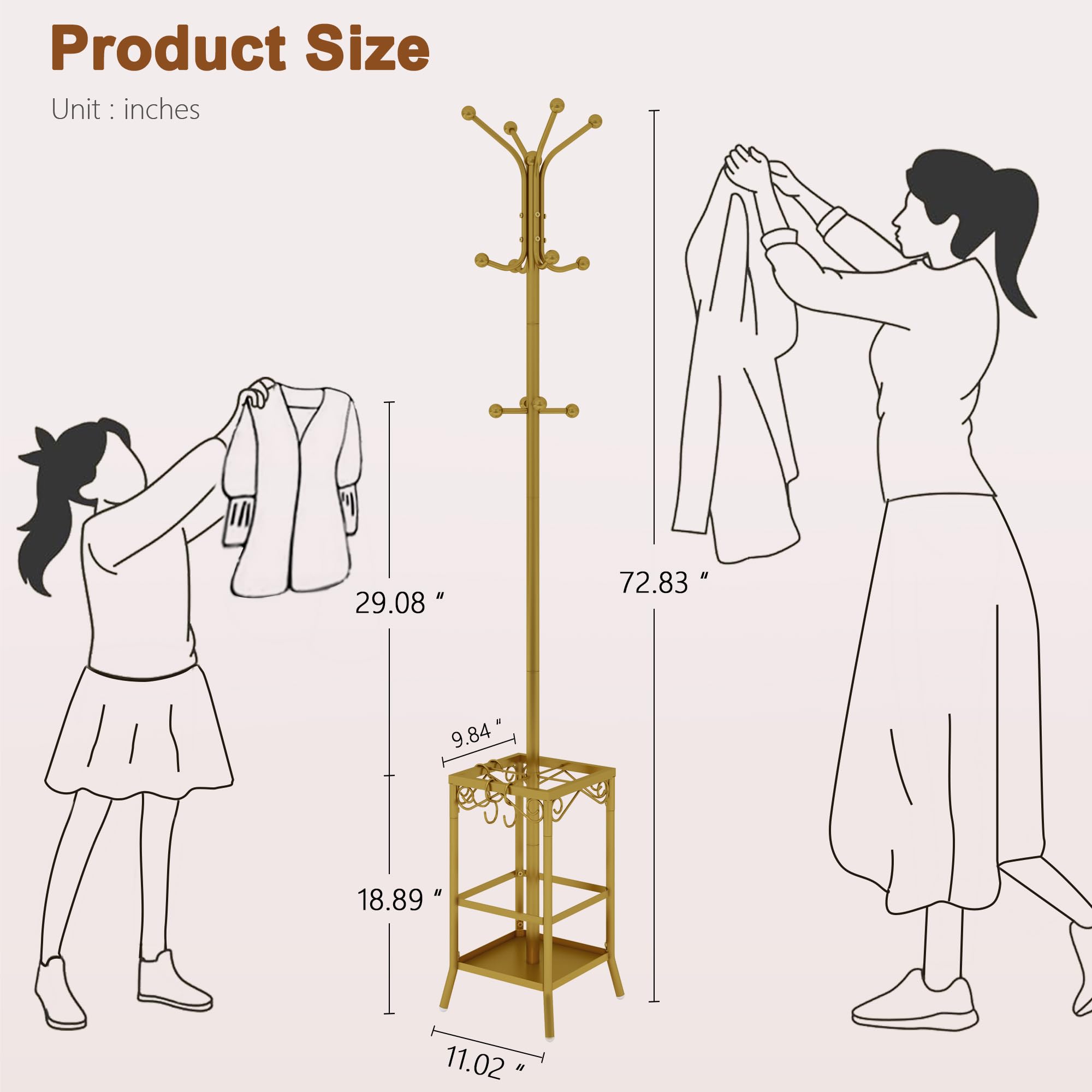 Hoctieon Coat Rack Freestanding, Coat Hanger Stand,Umbrella Holder, Hall Tree With 12 Hooks, Standing Coat Rack,Floor Standing Metal Umbrella Tree Stand, Gold