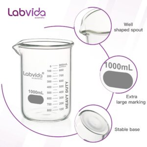 Labvida Heavy Duty Glass Beakers Set 2 pcs of Vol.1000ml Thick-Walled, 3.3 Boro Griffin Low Form with Double Scale Printed Graduation for Laboratories, Industries, Schools and Home use, LVAC014