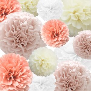 tissue paper pompoms paper flower 22 pcs coral, dusty pink, ivory, white paper flower ball for birthday bachelorette wedding baby shower bridal shower party decoration