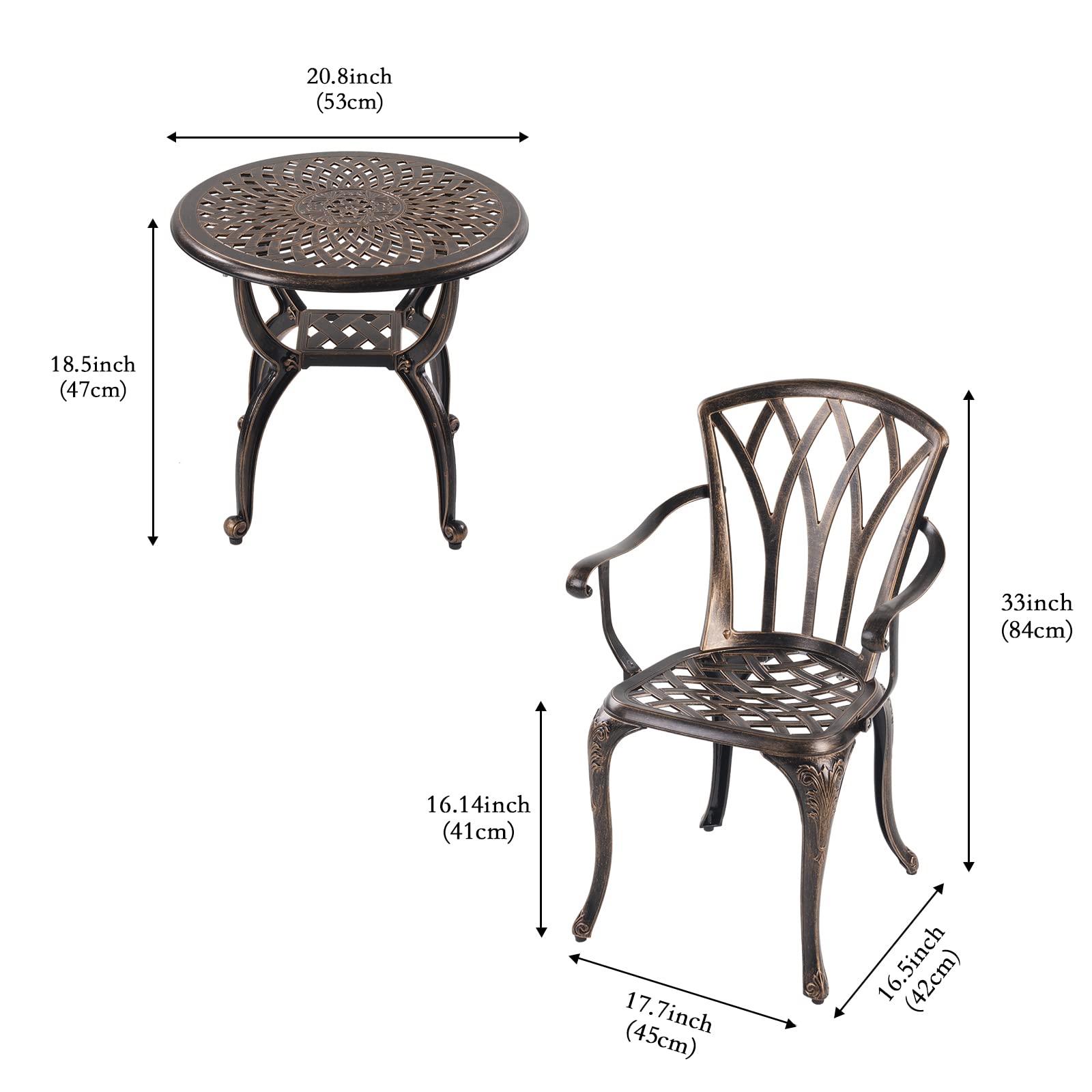 Jardin DE CENTENNAIL 3-Piece Outdoor Bistro Set Cast Aluminum Rust-Resistant Patio Furniture Armchairs Design (Copper)