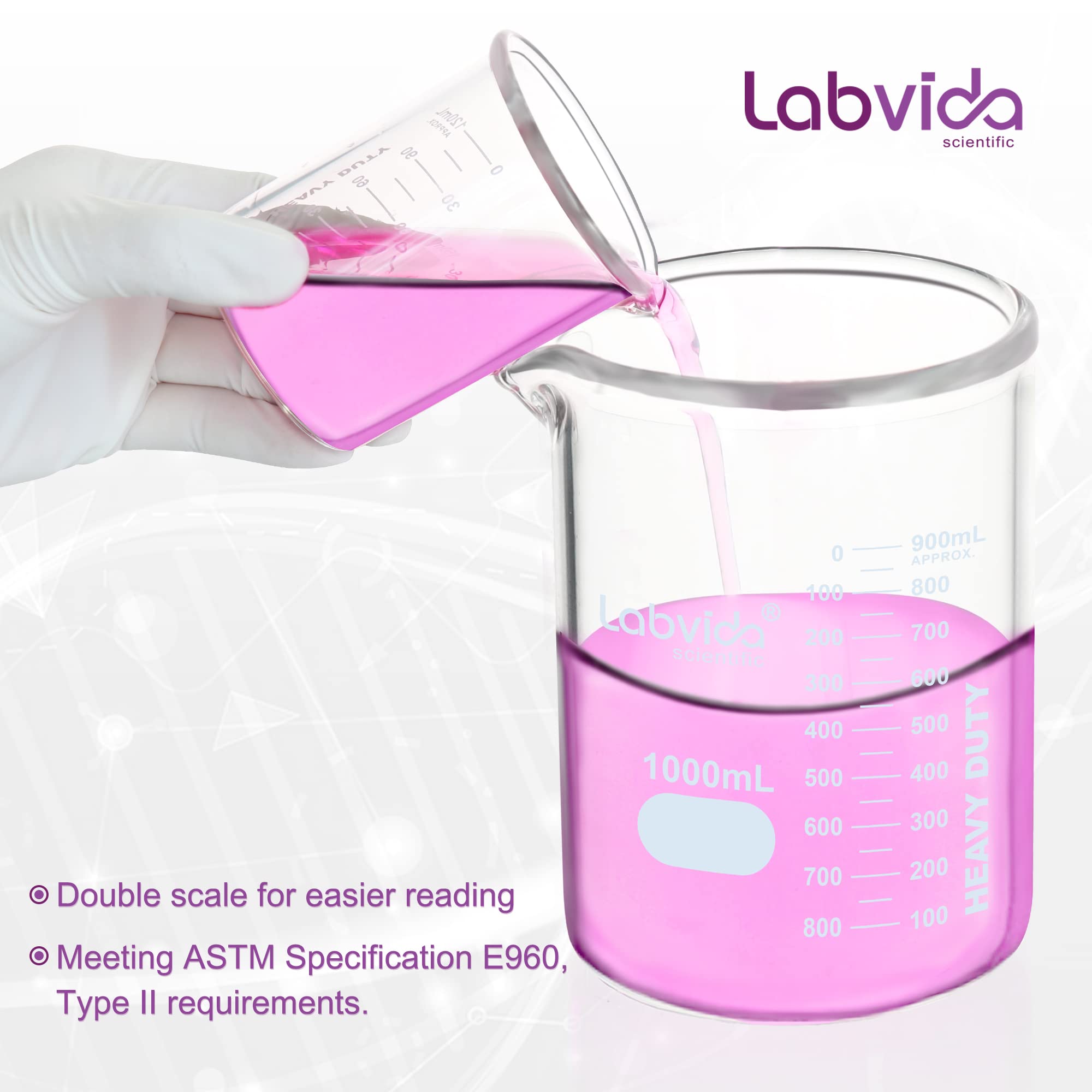 Labvida Heavy Duty Glass Beakers Set 2 pcs of Vol.1000ml Thick-Walled, 3.3 Boro Griffin Low Form with Double Scale Printed Graduation for Laboratories, Industries, Schools and Home use, LVAC014