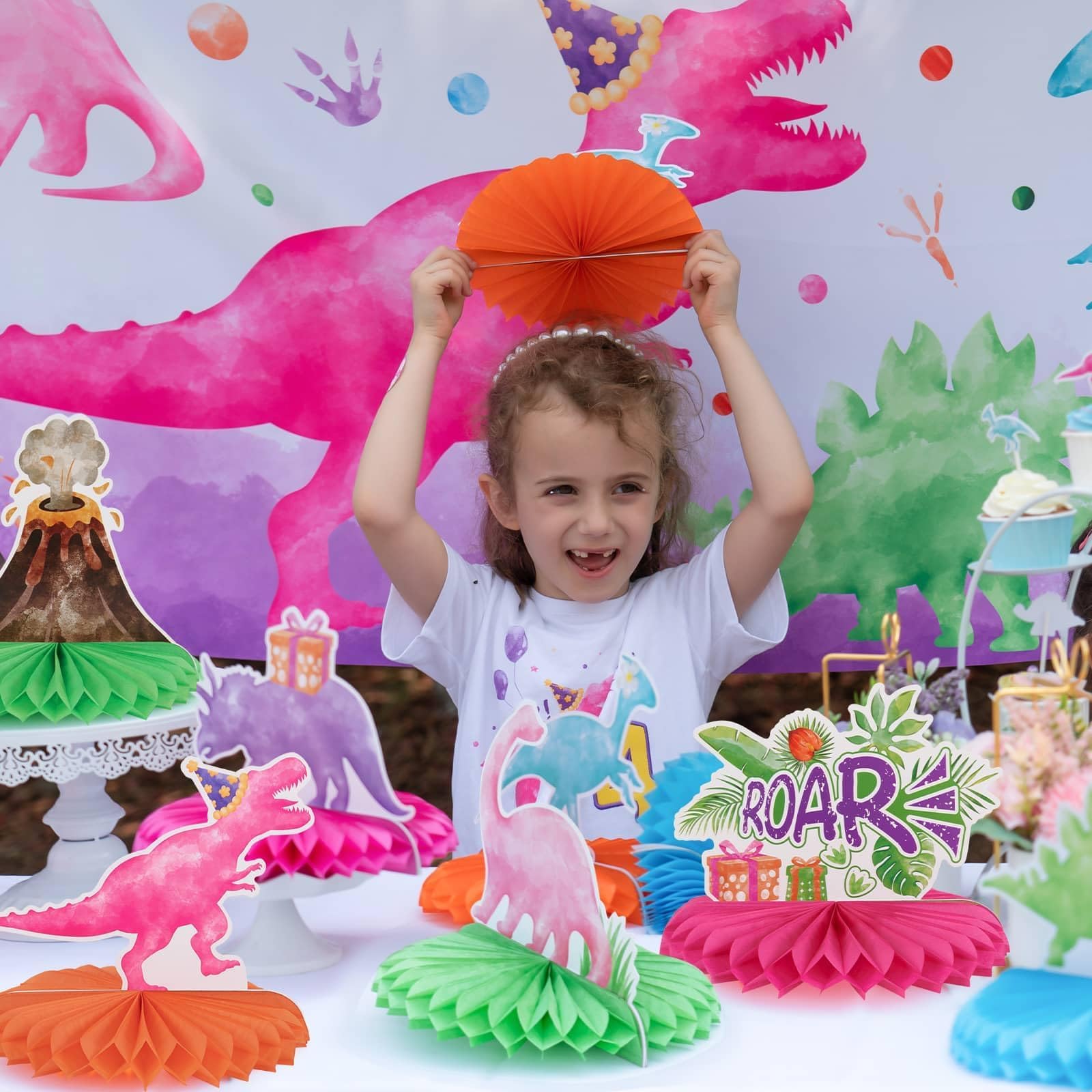 WERNNSAI 9 PCS Watercolor Dinosaur Party Honeycomb Centerpiece - Dinosaur Birthday Party Table Decorations Girls Kids Dino Birthday Baby Shower Table Toppers Supplies 3D Volcano Centerpieces