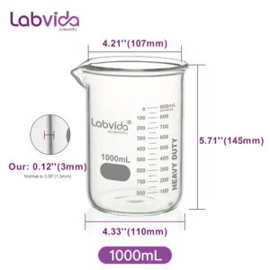 Labvida Heavy Duty Glass Beakers Set 2 pcs of Vol.1000ml Thick-Walled, 3.3 Boro Griffin Low Form with Double Scale Printed Graduation for Laboratories, Industries, Schools and Home use, LVAC014