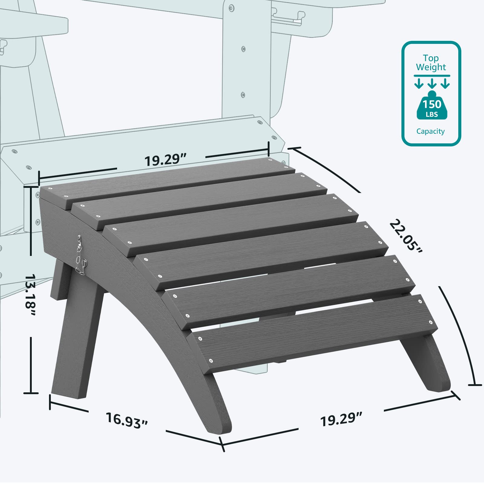 SERWALL Folding Adirondack Ottoman for Adirondack Chair, No-Assembly Weather Resistance Outdoor Footstool, High Impact Polystyrene Folding Adirondack Footrest, Gray