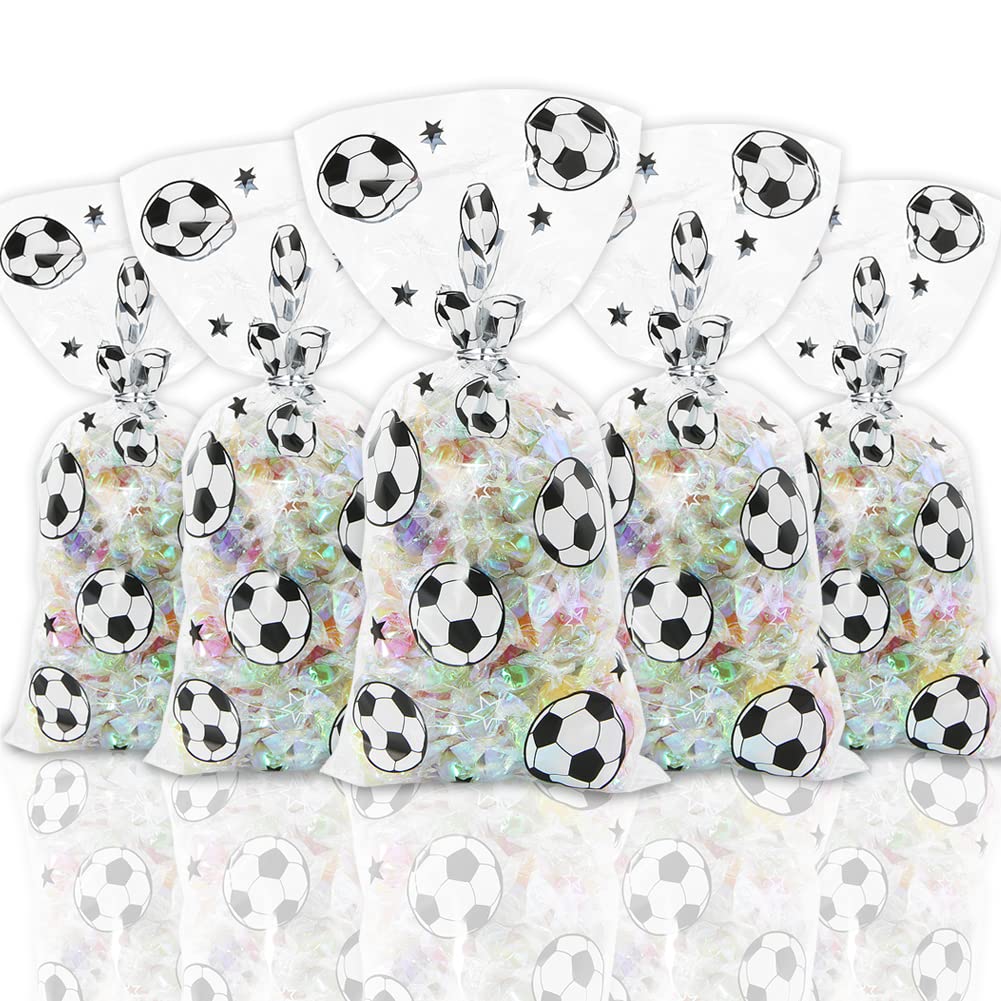 100 Pieces Soccer Goodie Bags, Football Treat Bags Party Favors Clear Candy Cello Bags with Sliver Twist Ties, Football Birthday Party Supplies for Boys Kids Team Gift Snack Bags