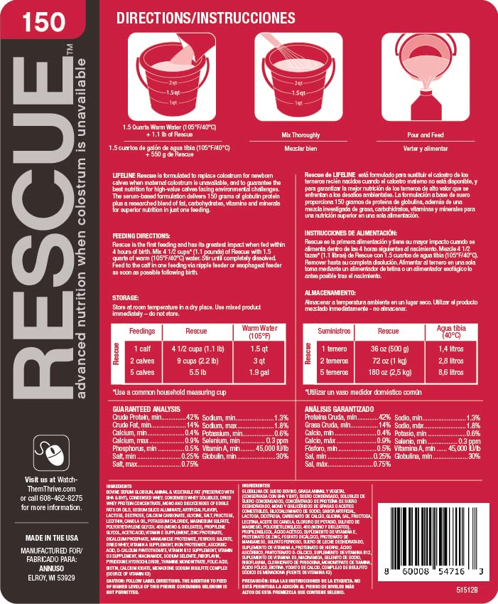 LIFELINE® Rescue 150g High-Level Colostrum Replacer for Calves | 8 Feedings - 8.8 lb Pail