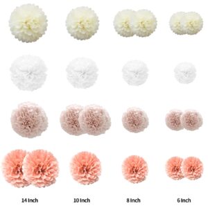 Tissue Paper Pompoms Paper Flower 22 Pcs Coral, Dusty Pink, Ivory, White Paper Flower Ball for Birthday Bachelorette Wedding Baby Shower Bridal Shower Party Decoration