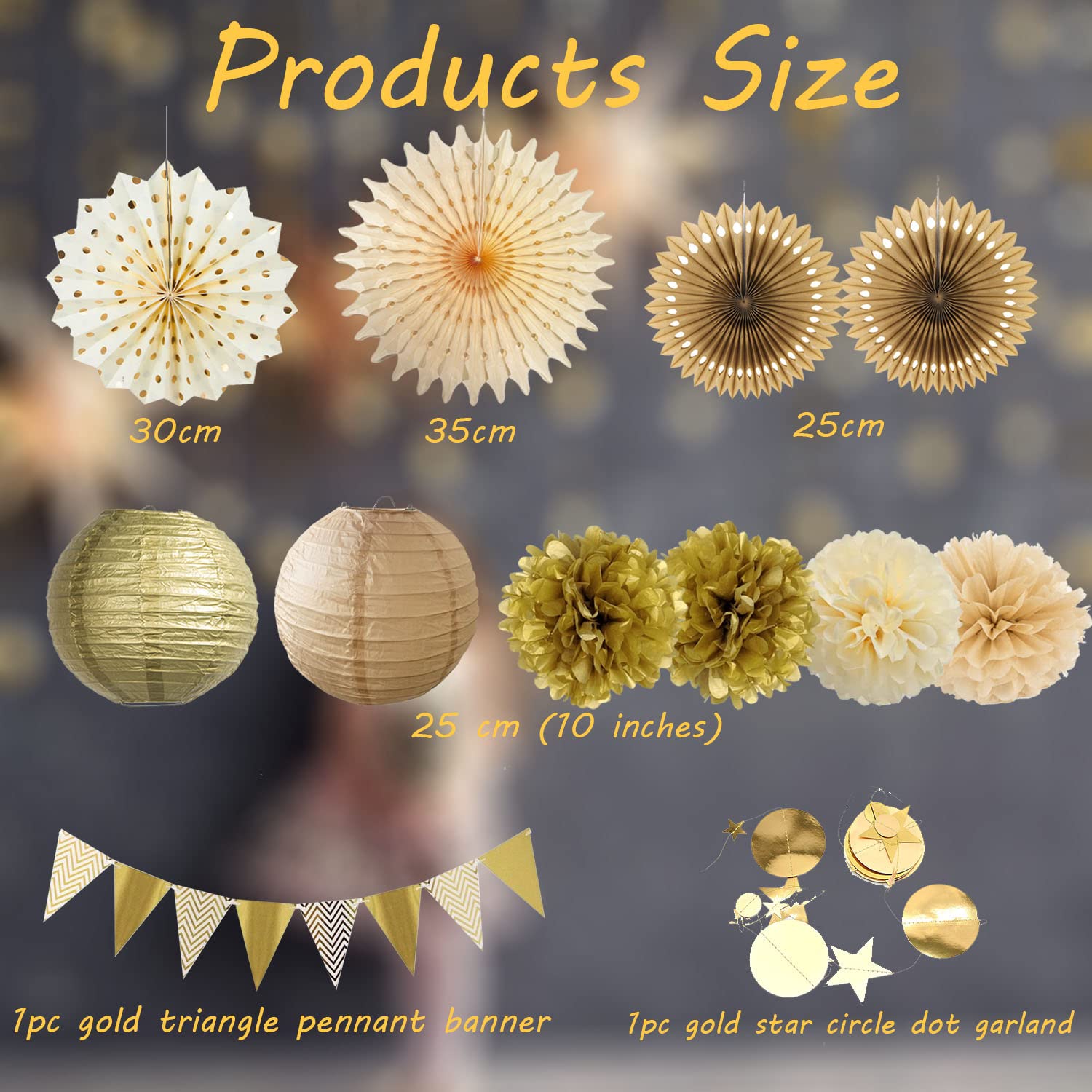 Gold Party Decorations Hanging Paper Fans Paper Lanterns Pom Poms Flower Pennant Banner for Rustic Wedding Neutral Baby Shower Bachelorette Graduation Birthday New Year Party Decoration