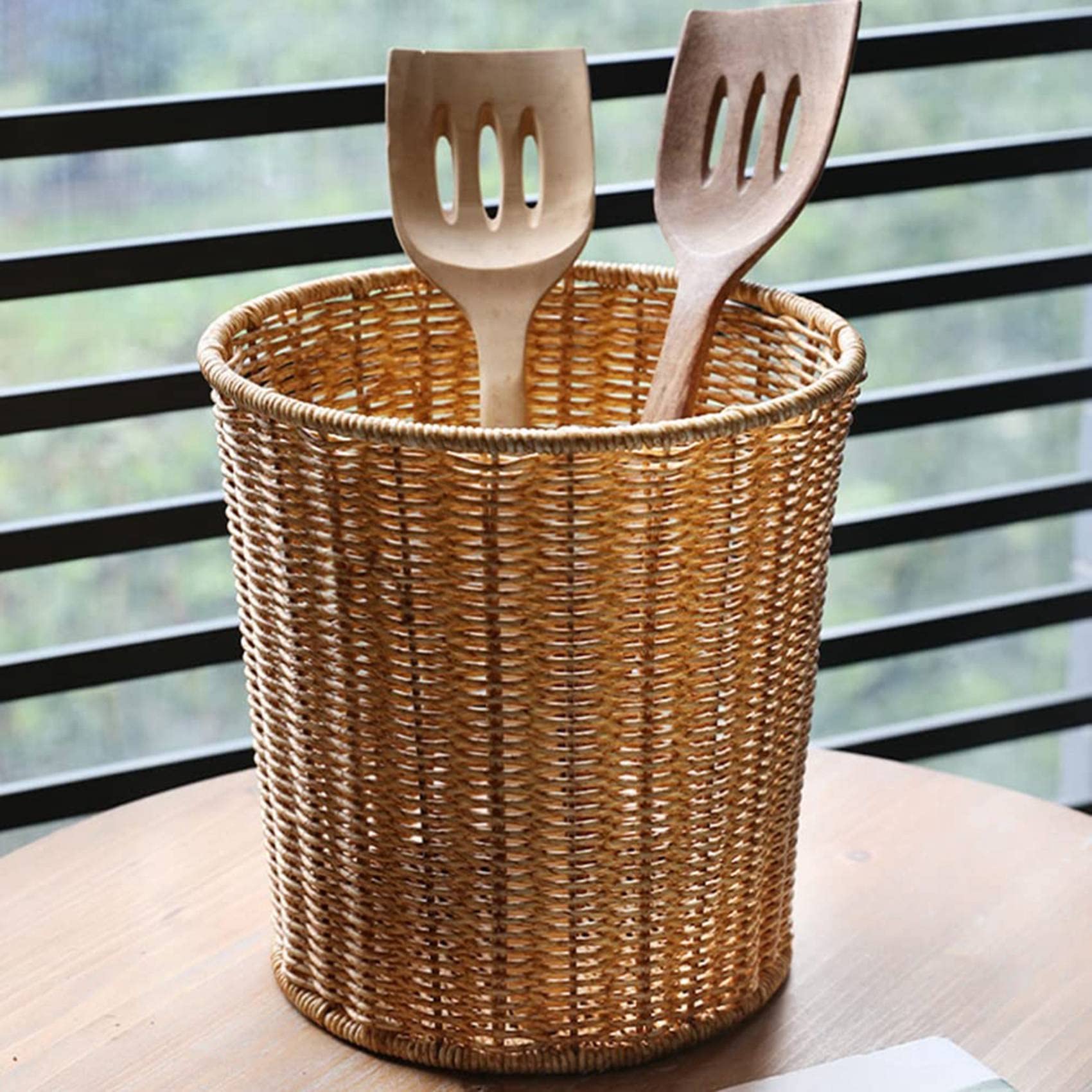 KVSERT Woven Basket Trash Can Round Rattan Waste Basket with Lid Planter Woven Storage Baskets Wicker Wastebasket Garbage Bin