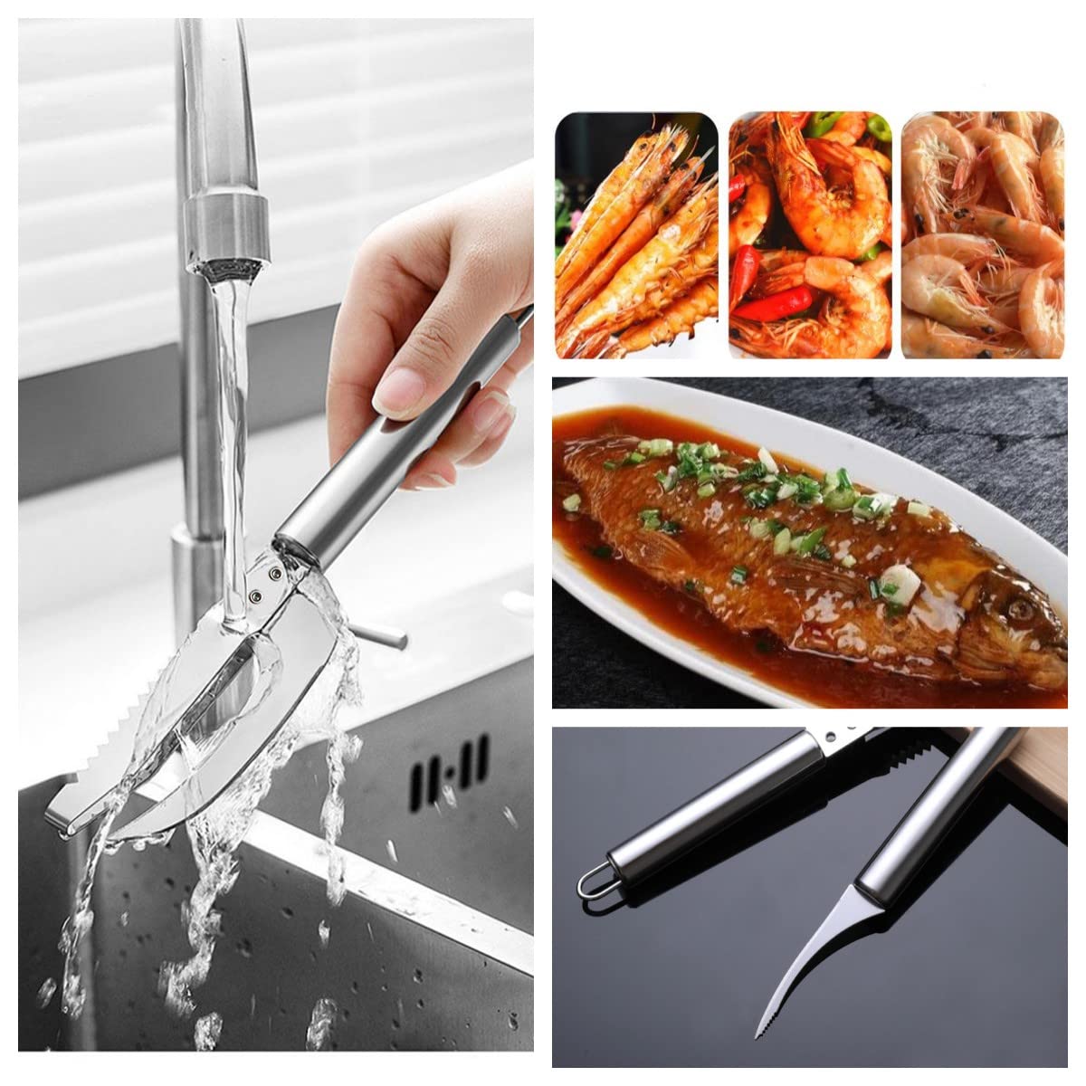 Fish Scale Knife Cut Scrape Dig 3-in-1Tool, Stainless Steel Peelers Scraping Boning Filleting Stainless Steel Shrimp Whisker Peeler Tool, 5 in 1 Multifunctional Shrimp Line Fish Maw Knife 2Pack