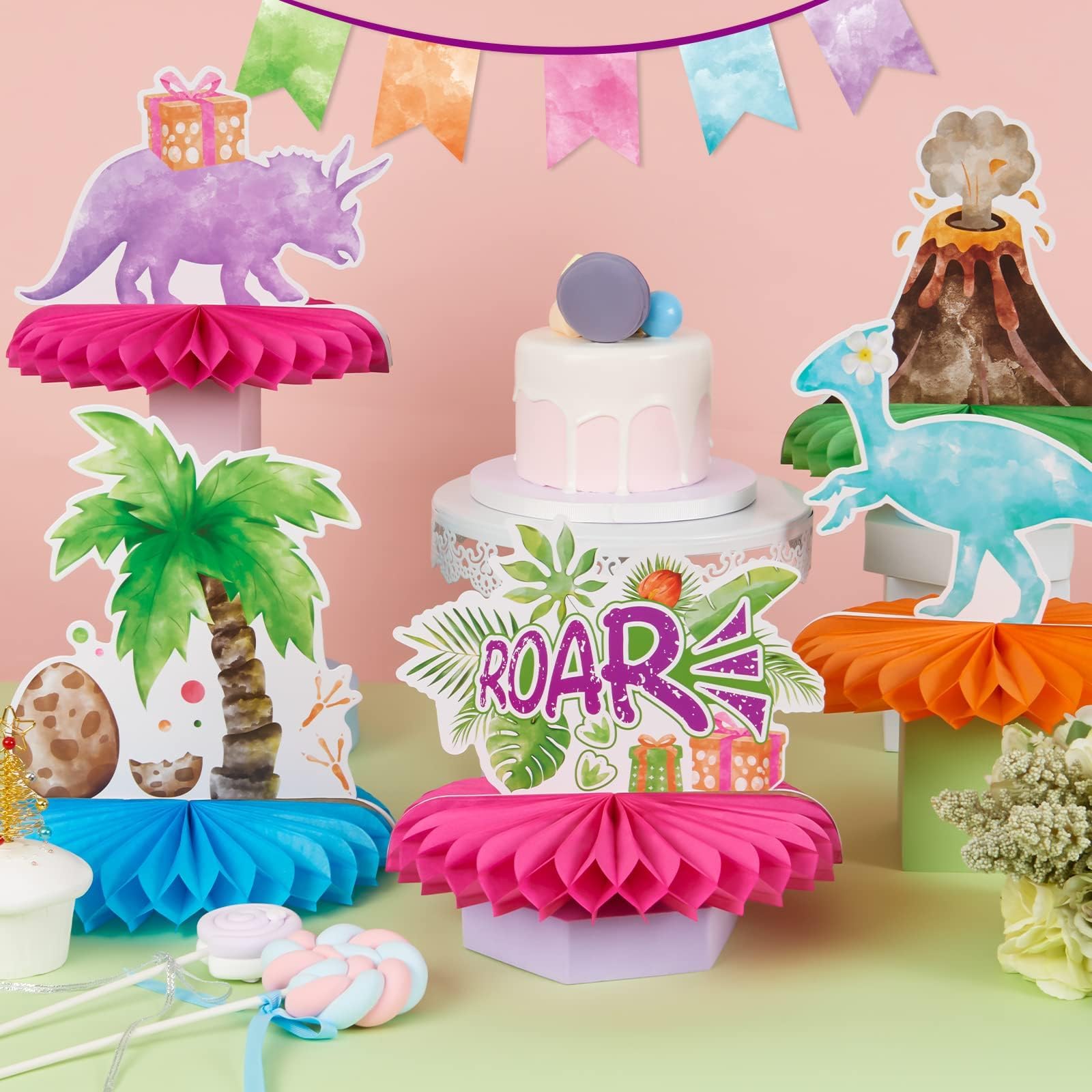 WERNNSAI 9 PCS Watercolor Dinosaur Party Honeycomb Centerpiece - Dinosaur Birthday Party Table Decorations Girls Kids Dino Birthday Baby Shower Table Toppers Supplies 3D Volcano Centerpieces