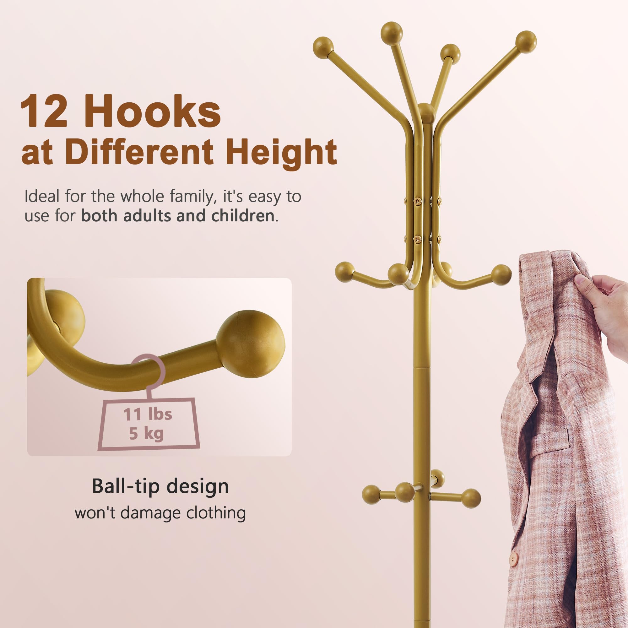 Hoctieon Coat Rack Freestanding, Coat Hanger Stand,Umbrella Holder, Hall Tree With 12 Hooks, Standing Coat Rack,Floor Standing Metal Umbrella Tree Stand, Gold