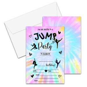 yqv bounce house jumping party birthday invitations, 20-count invitations with envelopes, tie dye style tampoline birthday party decorations and supplies-hbyqk-a02