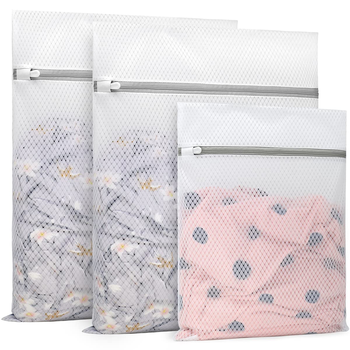 3Pcs Durable Diamond Mesh Laundry Bags for Delicates (2 Large 16 x 20 Inches, 1 Medium 12 x 16 Inches)