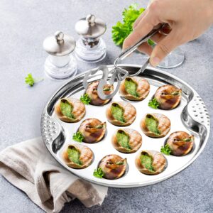 Okllen 3 Pack Stainless Steel Escargot Plates with 12 Compartment Holes, 7.5 Inch Seafood Snail Dish with Escargot Tong, Escargot Baking Dish Server for Home, Kitchen, Restaurant, Hotel, BBQ