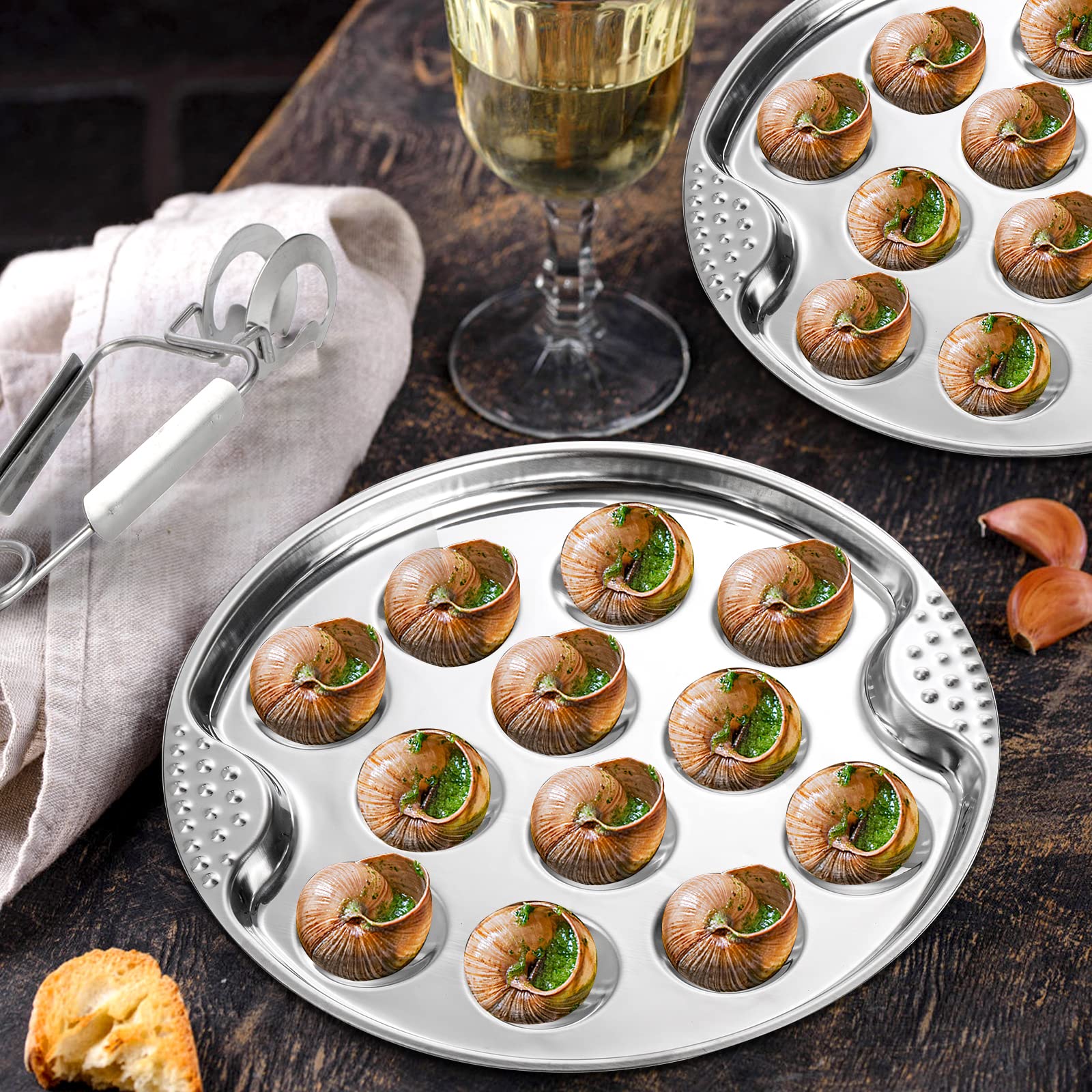 Okllen 3 Pack Stainless Steel Escargot Plates with 12 Compartment Holes, 7.5 Inch Seafood Snail Dish with Escargot Tong, Escargot Baking Dish Server for Home, Kitchen, Restaurant, Hotel, BBQ