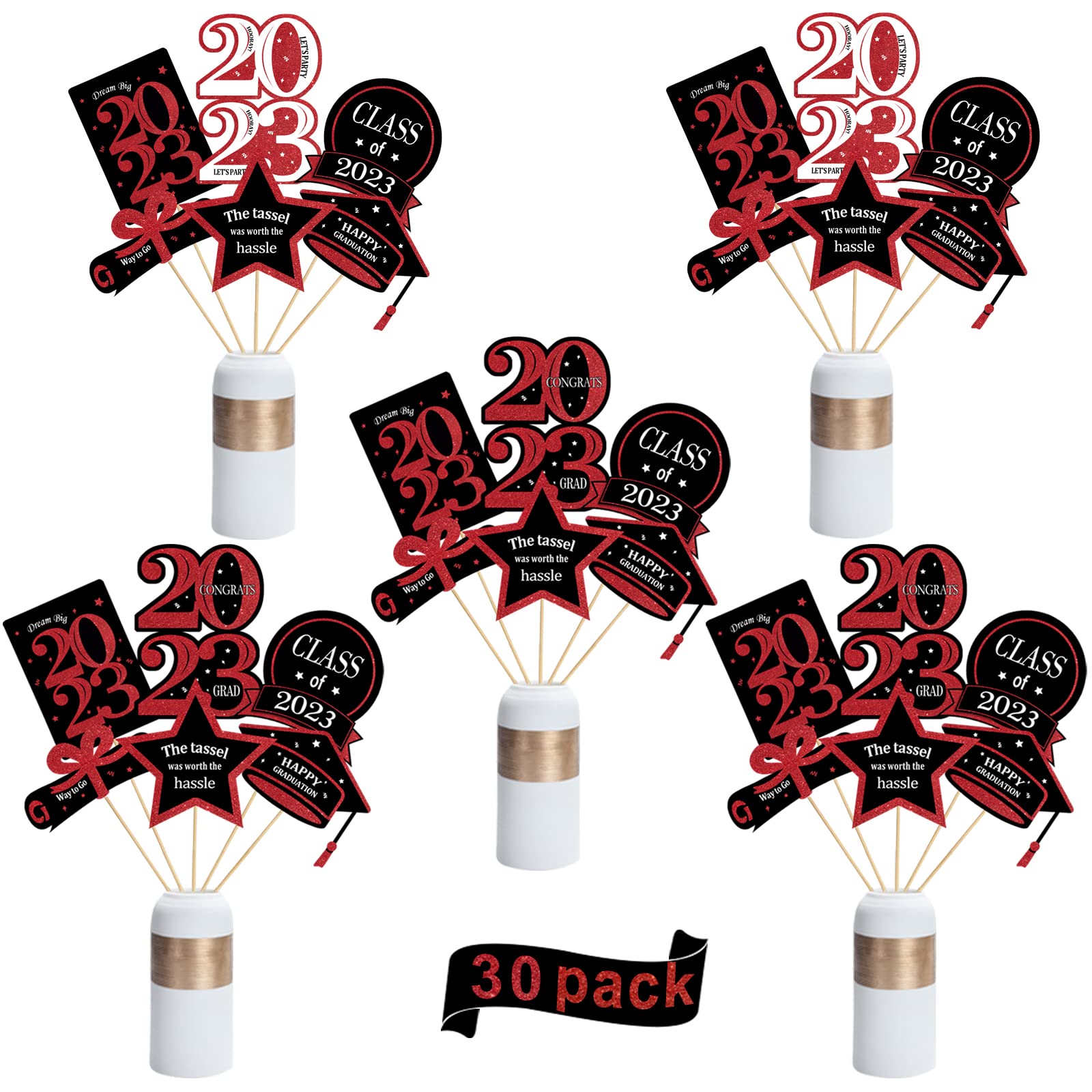 Graduation Party Decorations 2023-30 Pack Red and Black Grad Centerpiece Sticks - 2023 Class Supplies Table Topper Decor for Kindergarten Preschool High School College