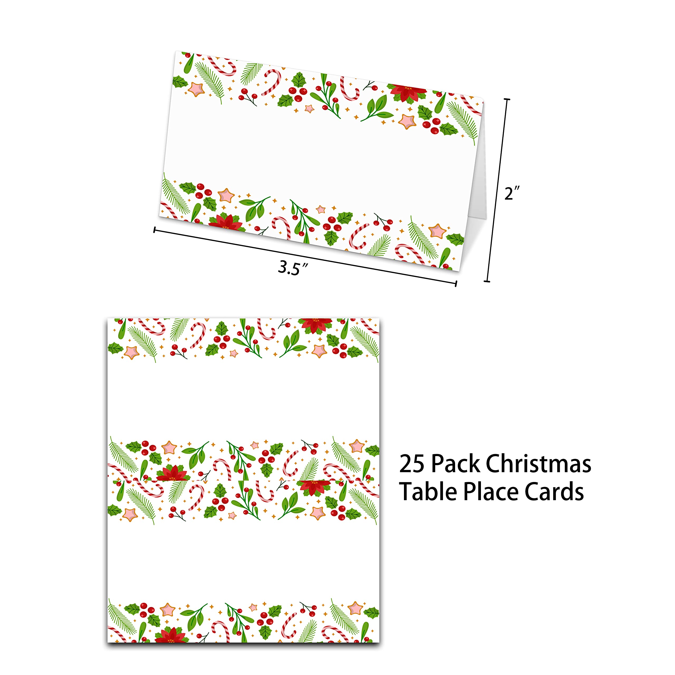 Christmas Table Place Cards, Xmas Blank Seating Place Card for Table, 25 Pack Buffet Food Tent Labels, Double Design Name Cards, Scored for Easy Folding, Christmas Party Decorations(10)