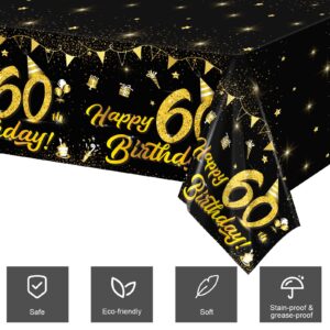 durony 2 Pack 60th Birthday Tablecloth Table Cover Plastic Black Gold Happy Tablecloth Waterproof Rectangular Table Cloth Cover for Indoor or Outdoor Parties Birthday