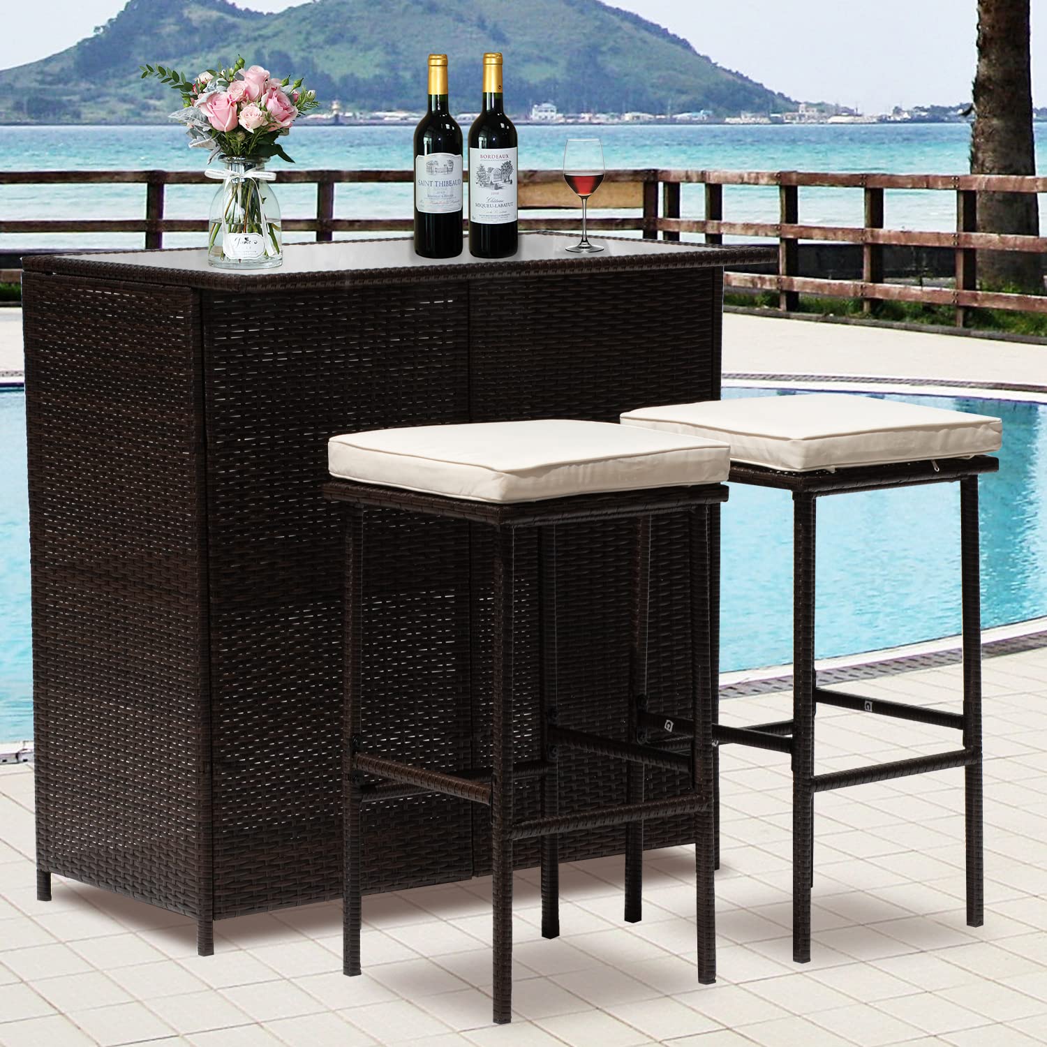 3-Piece Patio Bar Set Outdoor Wicker Bar Set All-Weather Rattan Bar Table Set Outdoor Furniture Set w/2 Stools, Glass Top Table and 2 Thick Cushion for Patios Backyards Porches Gardens Poolside, Khaki