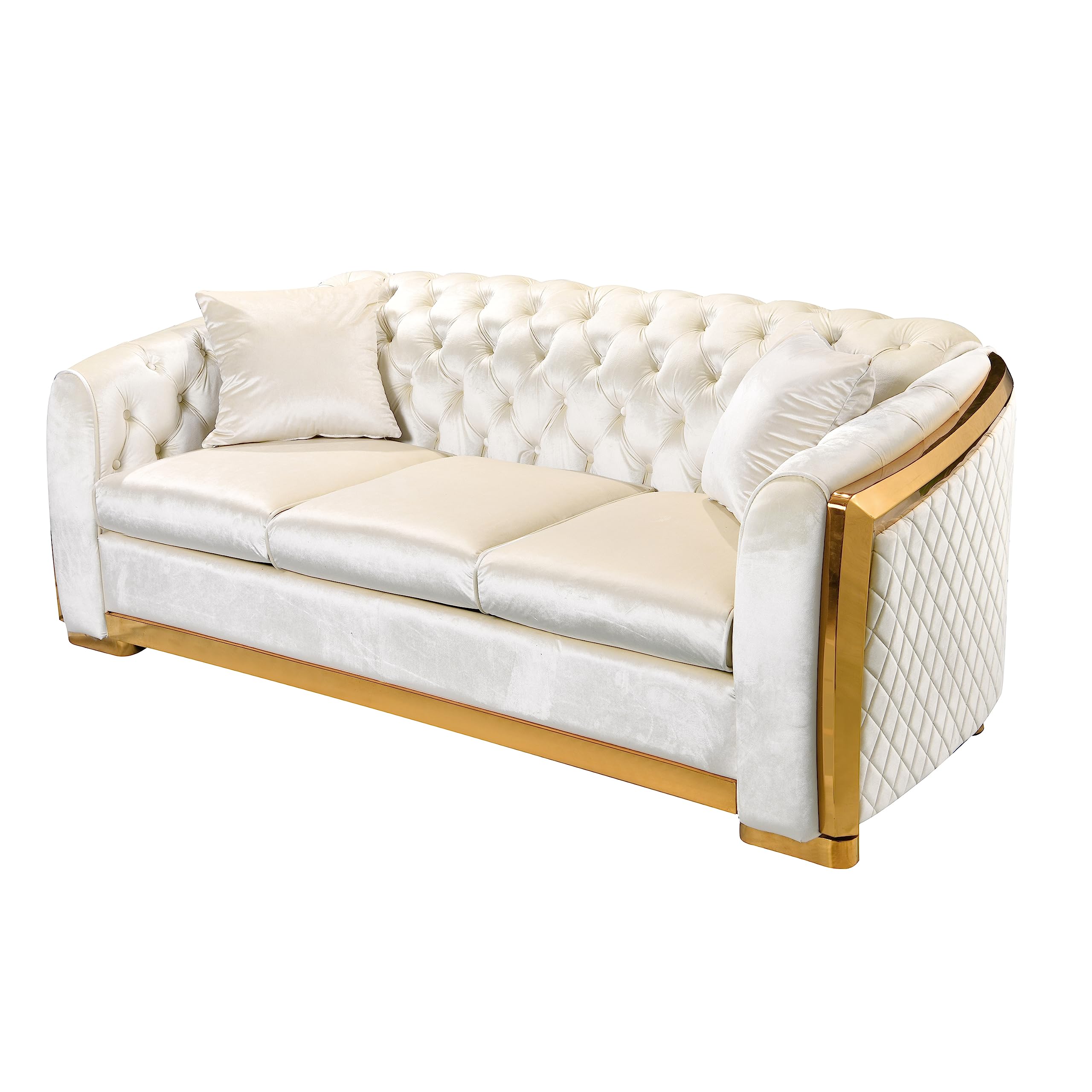 kevinplus 81'' Velvet Chesterfield Sofa Couch for Living Room, Modern Tufted Upholstered 3-Seat Sofa Couch with Stainless Steel Gold Plating Decoration for Apartment Office, Beige & Gold