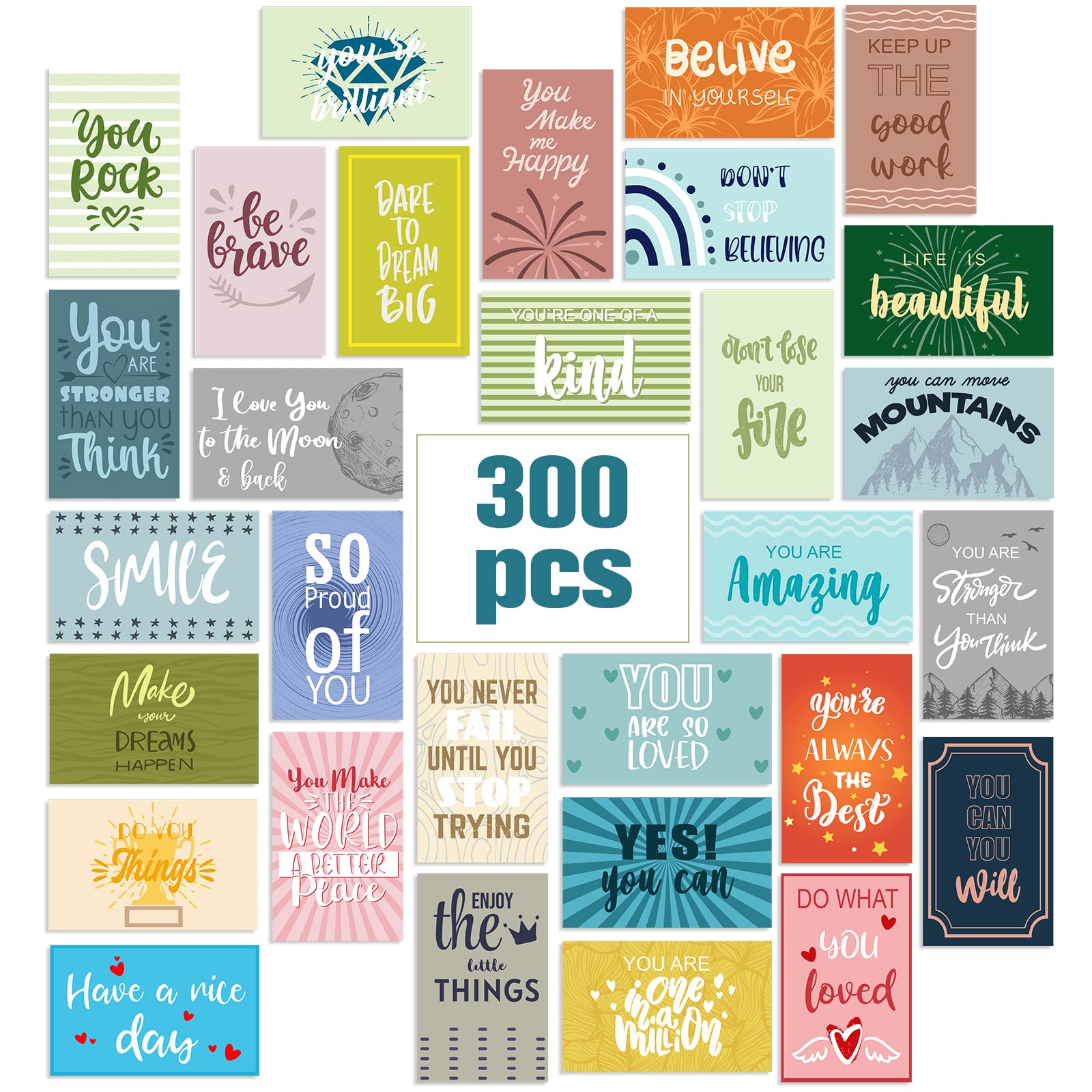 300 Pcs Inspirational Cards Encouragement Cards Mini Positive Affirmations Cards Colored Kindness Motivational Cards Appreciation Cards for Business Student Kids Teachers Gifts 30 Styles 2 x 3.2 Inch