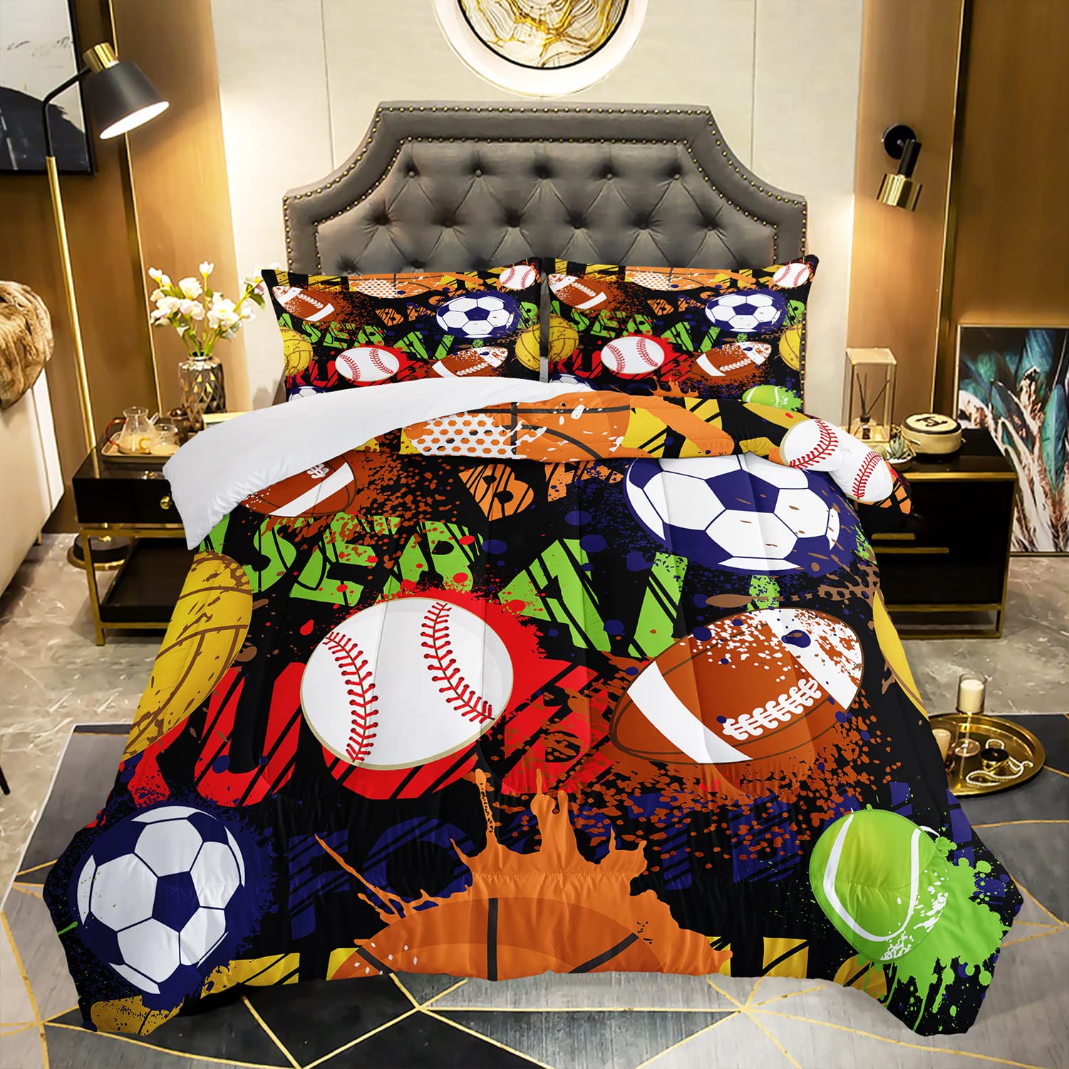 AILONEN Football Comforter Set for Teen Boys, Sport Bed in a Bag Bedding Sets,Basketball Theme Quilted Duvet Twin Size for Boys,1 Comforter 2 Pillowcases 3 Piece