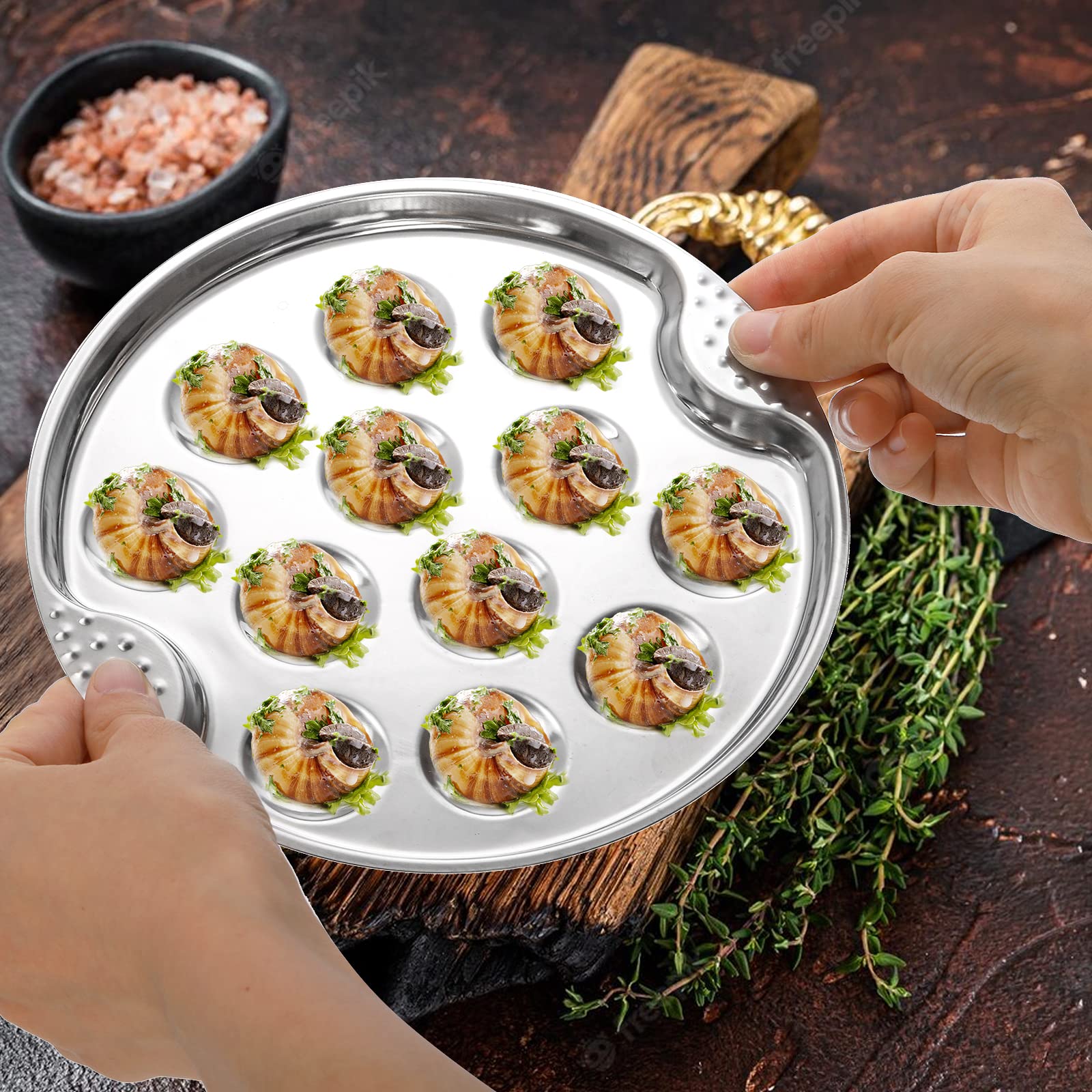 Okllen 3 Pack Stainless Steel Escargot Plates with 12 Compartment Holes, 7.5 Inch Seafood Snail Dish with Escargot Tong, Escargot Baking Dish Server for Home, Kitchen, Restaurant, Hotel, BBQ