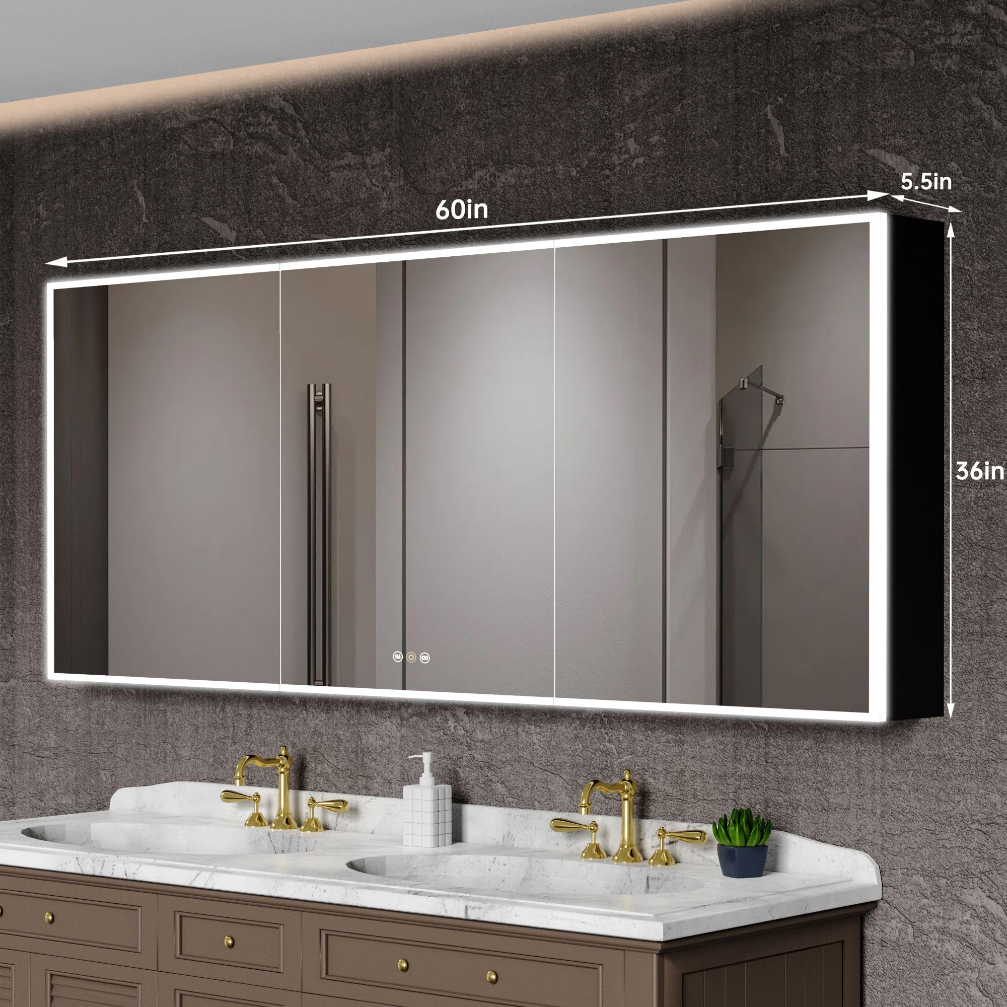 tunuo Medicine Cabinets for Bathroom with Mirror, 60”W x 36”H Wall Mounted LED Medicine Cabinet Mirror with Defogger, Dimmer, Outlets & USB, Three Doors