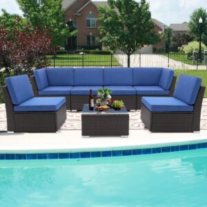 TiuBroe 7 Pieces Patio Furniture Sets, Outdoor PE Rattan Sectional Sofa Conversation Set, All Weather Conversation Set w/6 Seat Cushions and 1 Coffee Table (Light Gray)