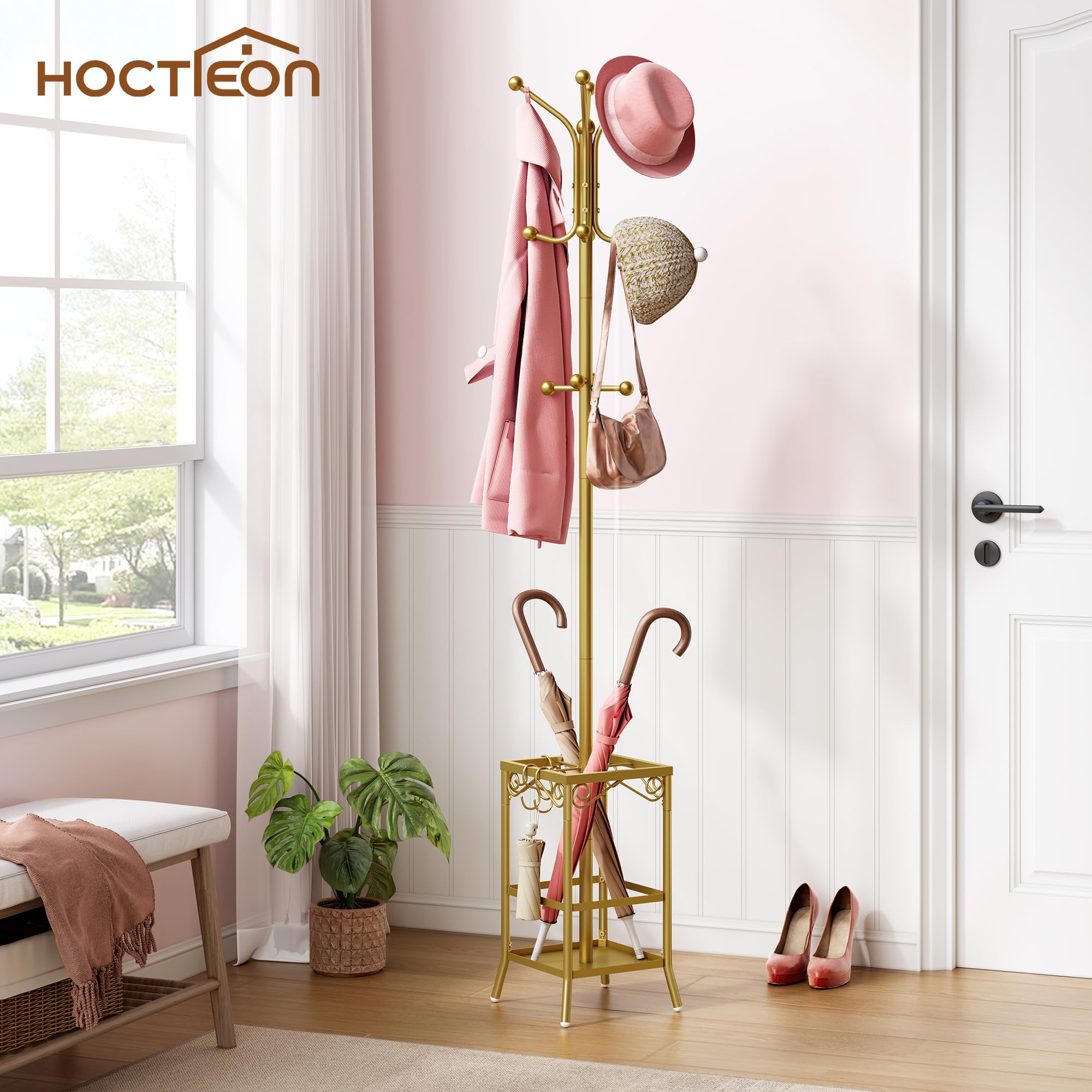 Hoctieon Coat Rack Freestanding, Coat Hanger Stand,Umbrella Holder, Hall Tree With 12 Hooks, Standing Coat Rack,Floor Standing Metal Umbrella Tree Stand, Gold