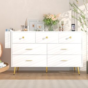 SOSPIRO 7 Drawer Dresser for Bedroom, Modern White Gold Dresser with Wide Drawers and Power Outlets, Long Chest of Drawers for Living Room Hallway Entryway, White